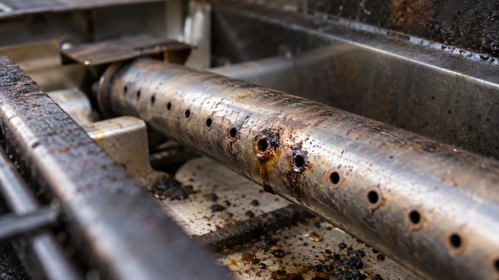 Close on a burner port clogged with grease inside an open grill, the gas off.