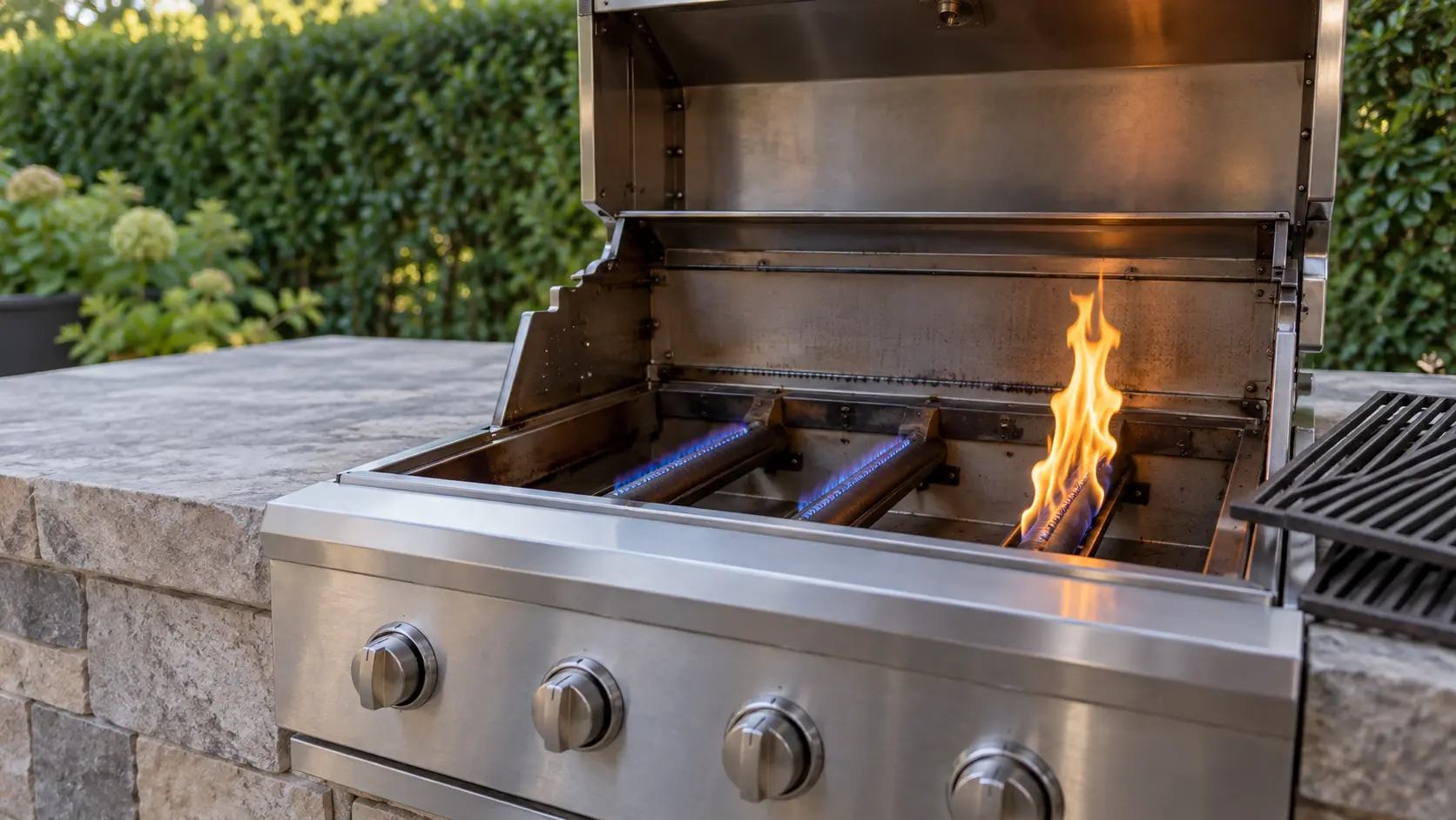 A stainless built-in grill head on a stone patio counter with its lid open and the cooking grates lifted off, two tube burners lit on low with short crisp blue flames beside one burner showing tall lazy yellow-orange flames, the grill's knobs in soft focus at the front, a green hedge blurred behind.