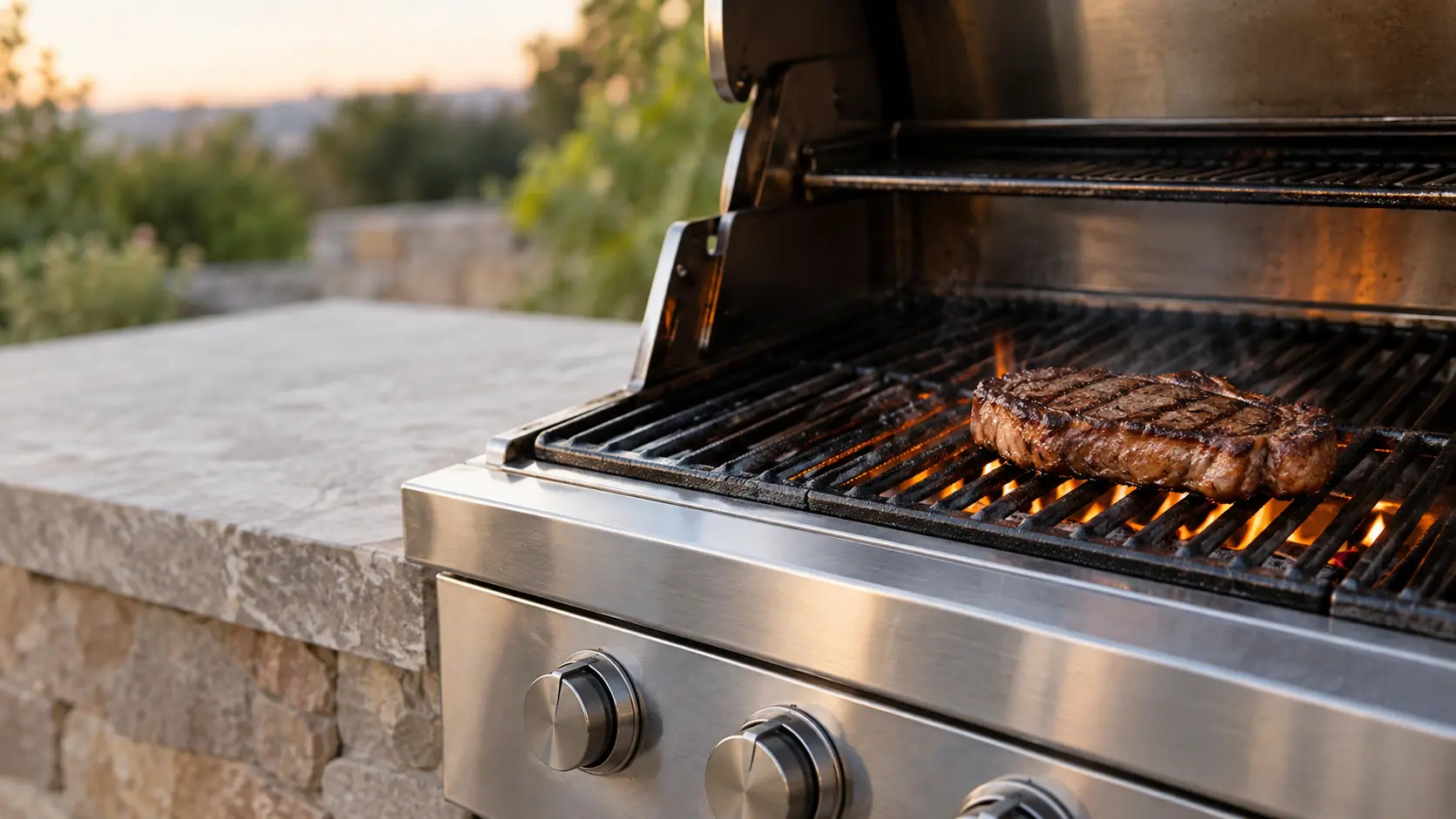 A steak on the grates of a grill over even flames, seen close.