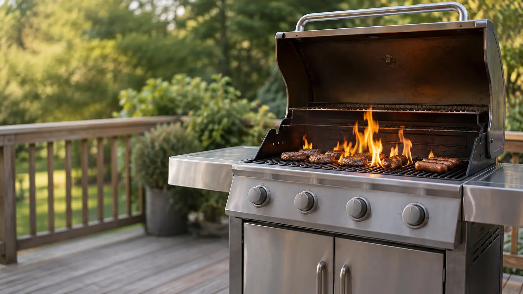 Yellow, lazy flames licking up from the burners of an open grill.