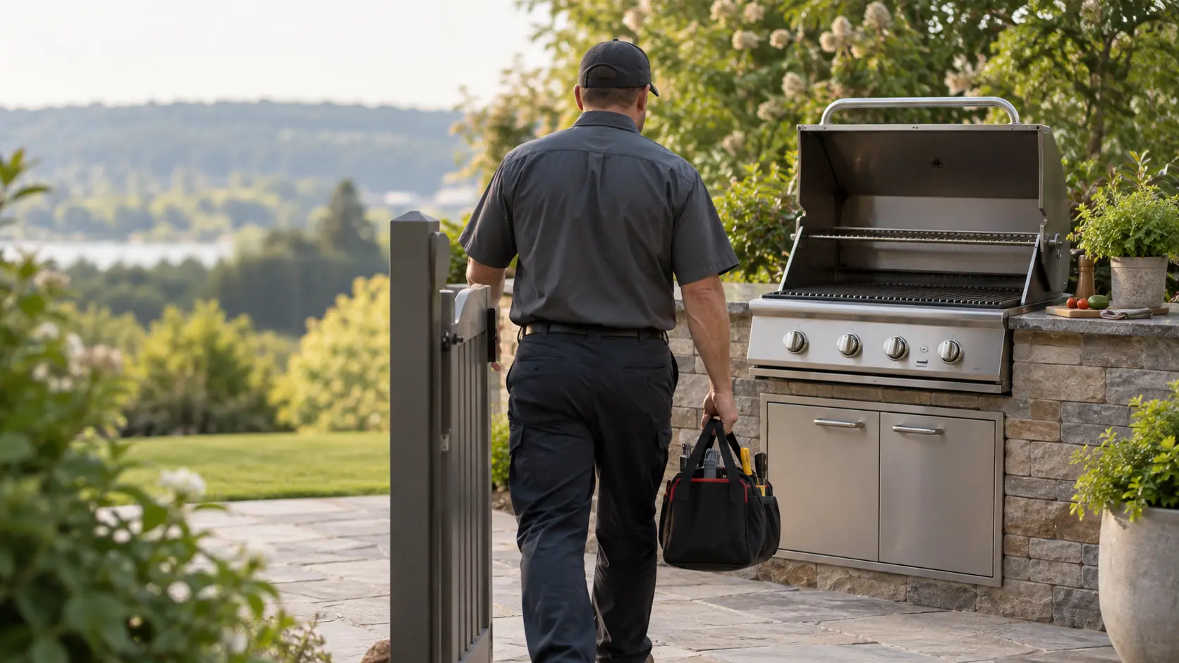 A technician arriving through a garden gate with a tool bag, a grill on the patio, seen from behind.