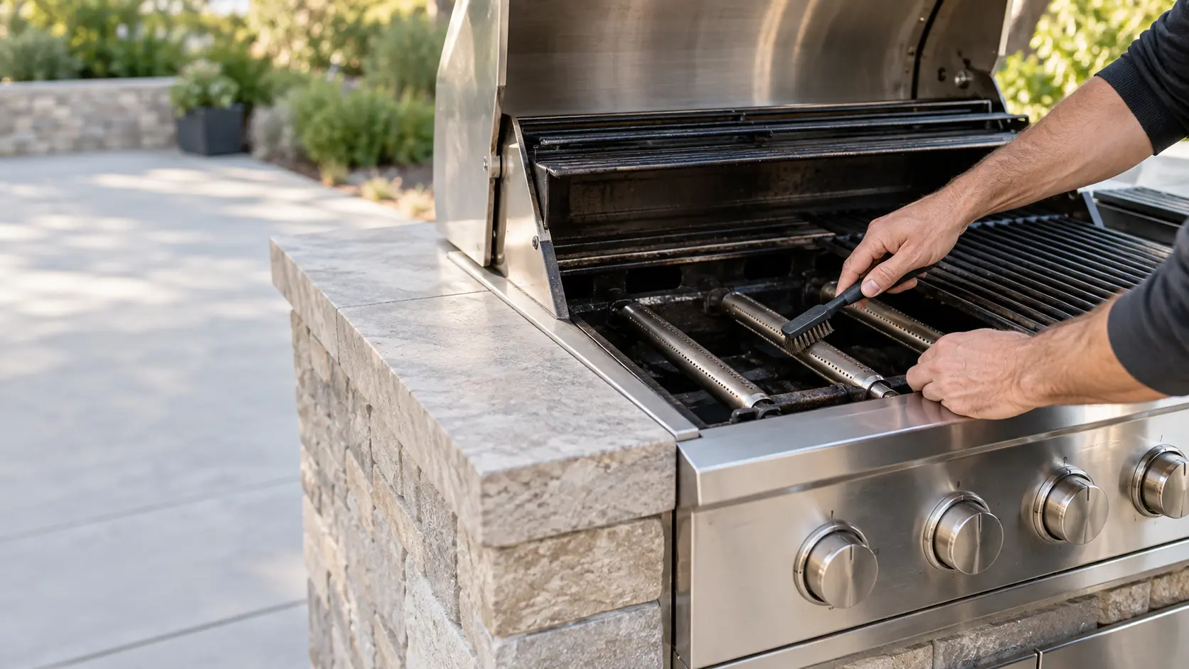 A technician's hands brushing the ports of a grill burner, the gas off.