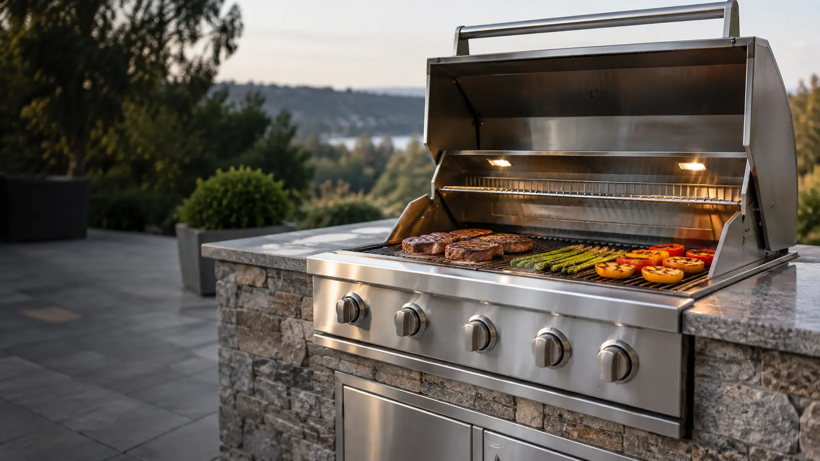 A long stainless built-in grill set into a stone island.