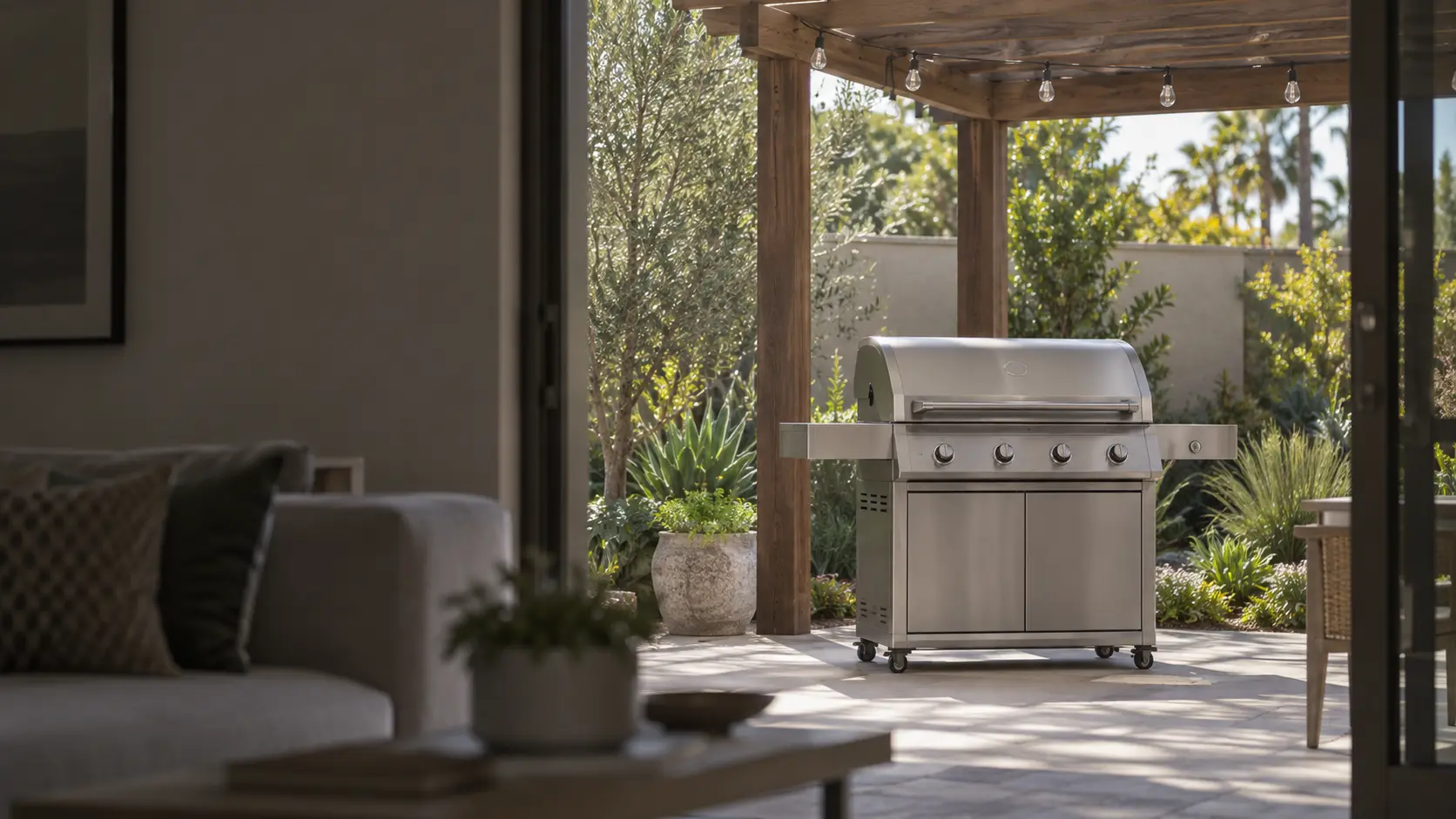 A San Diego courtyard with an infrared grill under a pergola, seen from across the room.
